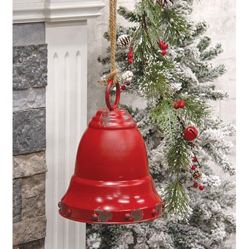 Distressed Red Metal Bell w/Jute Hanger Large