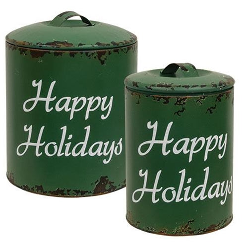 2/Set Distressed Green Metal "Happy Holidays" Containers