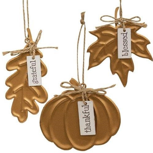 Thankful Grateful Blessed Harvest Metal Ornament 3 Asstd.