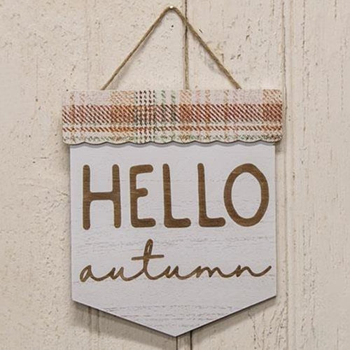 Hello Autumn Plaid Wood Pennant Sign