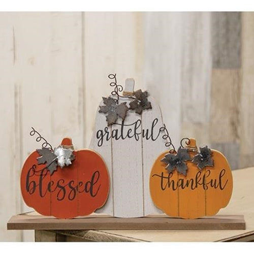 3/Set Thankful Grateful Blessed Wood Pumpkin Trio