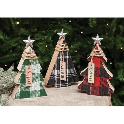 Plaid Chunky Wood Christmas Tree 3 Asstd.