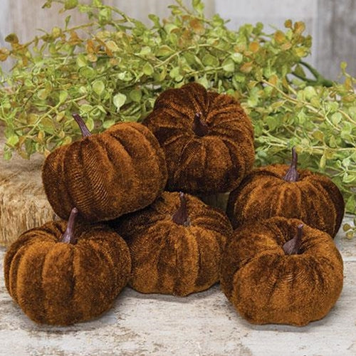 6/Set Brown Velvet Pumpkins 2.5"