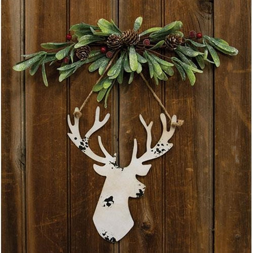 Distressed White Metal Hanging Deer Head  11"