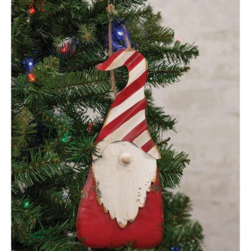 Distressed Metal Hanging Peppermint Hat Santa Gnome