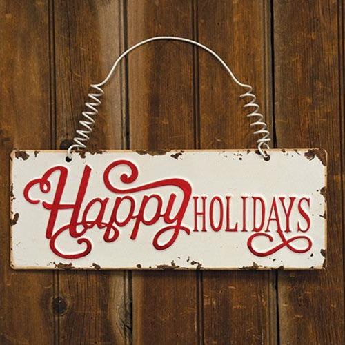 Distressed Metal Happy Holidays Hanging Sign