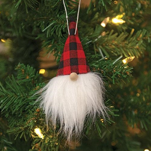 Mini Gnome Head Ornament w/Red & Black Buffalo Check Hat