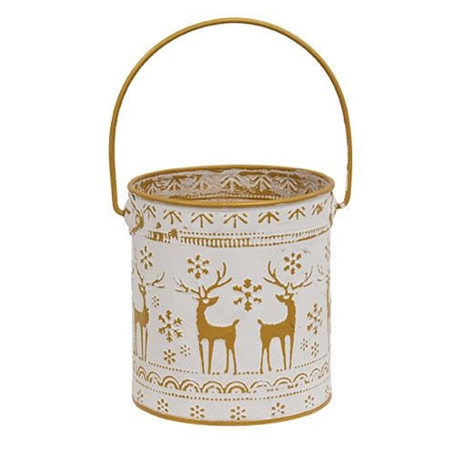 Distressed White Metal Bucket w/Gold Embossed Reindeer & Snowflakes