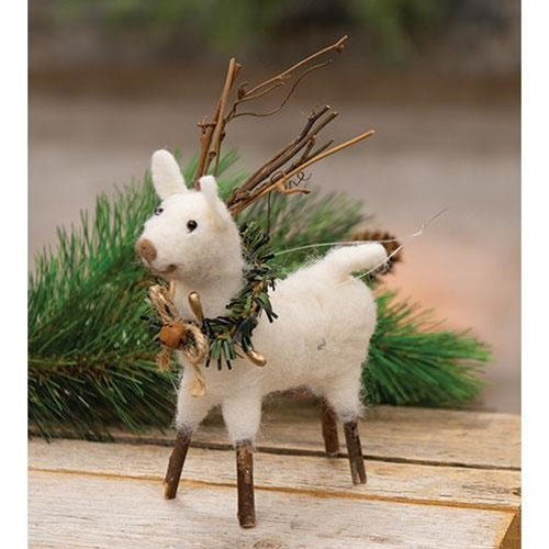 Small Felted White Standing Reindeer Ornament