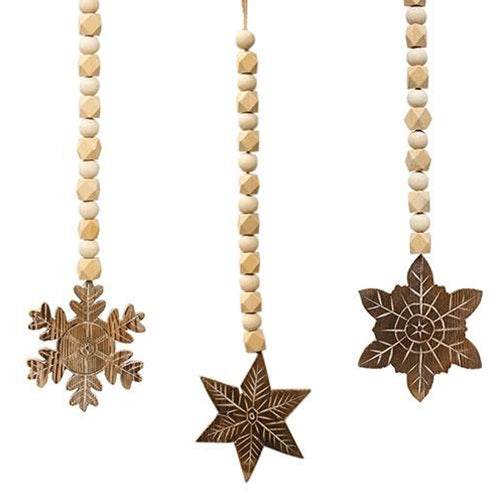 Natural Wood Beaded Snowflake Tassel Ornament 3 Asstd.