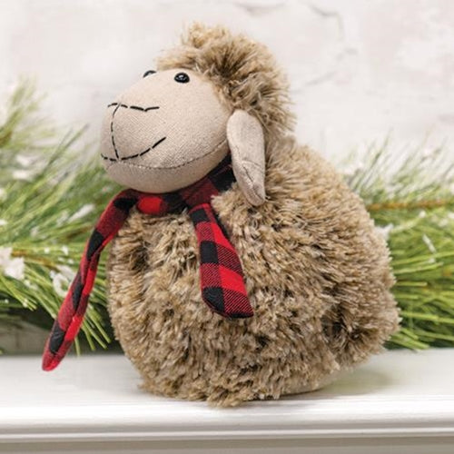 Plush Furry Sheep w/Red & Black Plaid Scarf Large