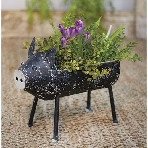 Distressed Black Pig Plant Holder