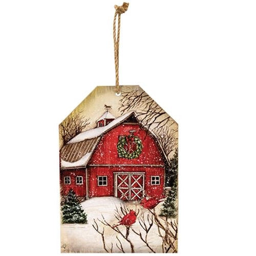 Winter Barn Scene Wooden Tag Ornament