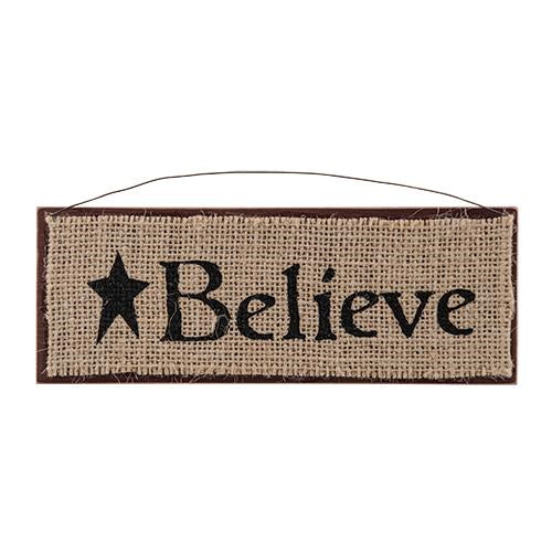 Burlap & Wood Believe Sign Orn 8x3