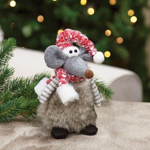 Plush Fur Standing Mouse w/Santa Hat & Scarf